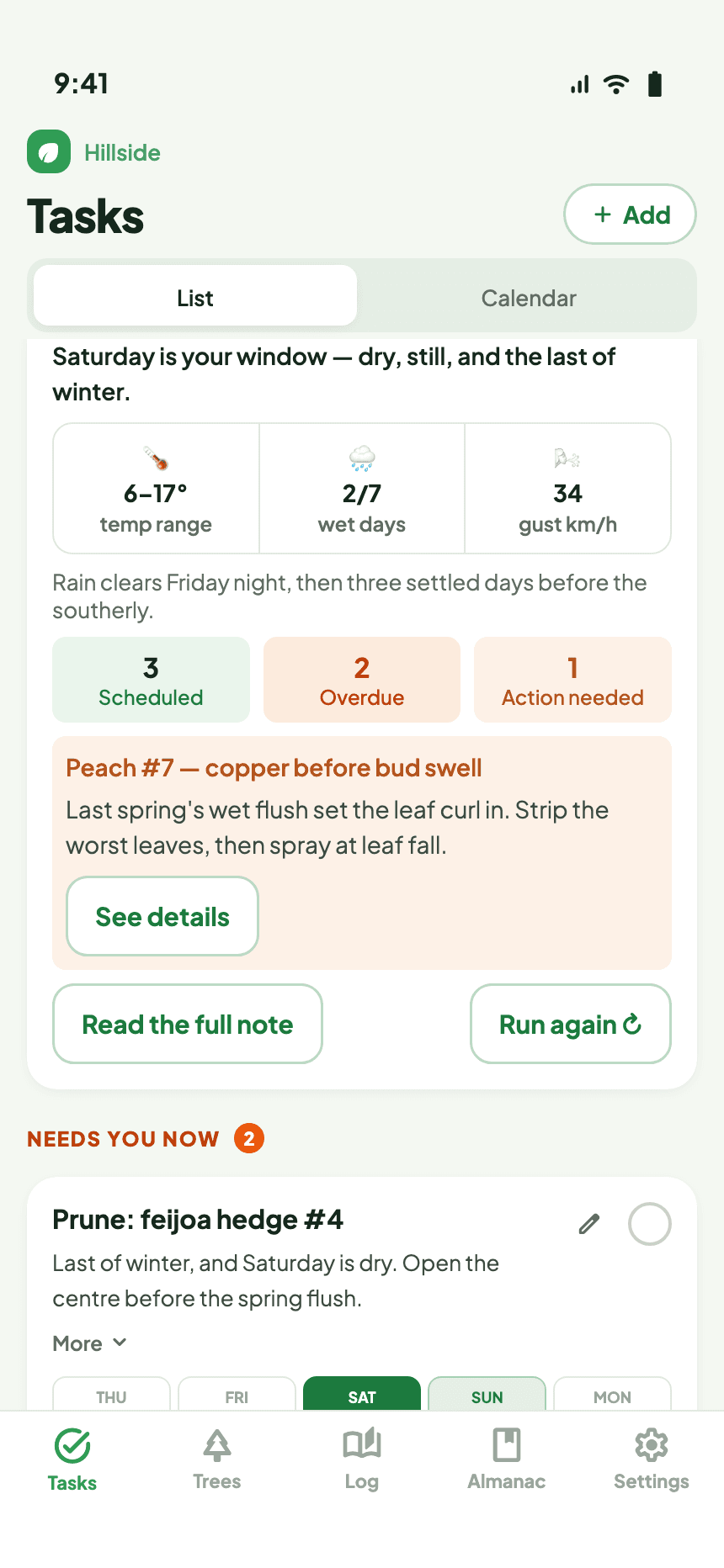 The Grovekeeper app showing this week's plan: a dry, still Saturday, three jobs handled and one that needs you, plus a copper spray flagged for Peach #7 before bud swell.